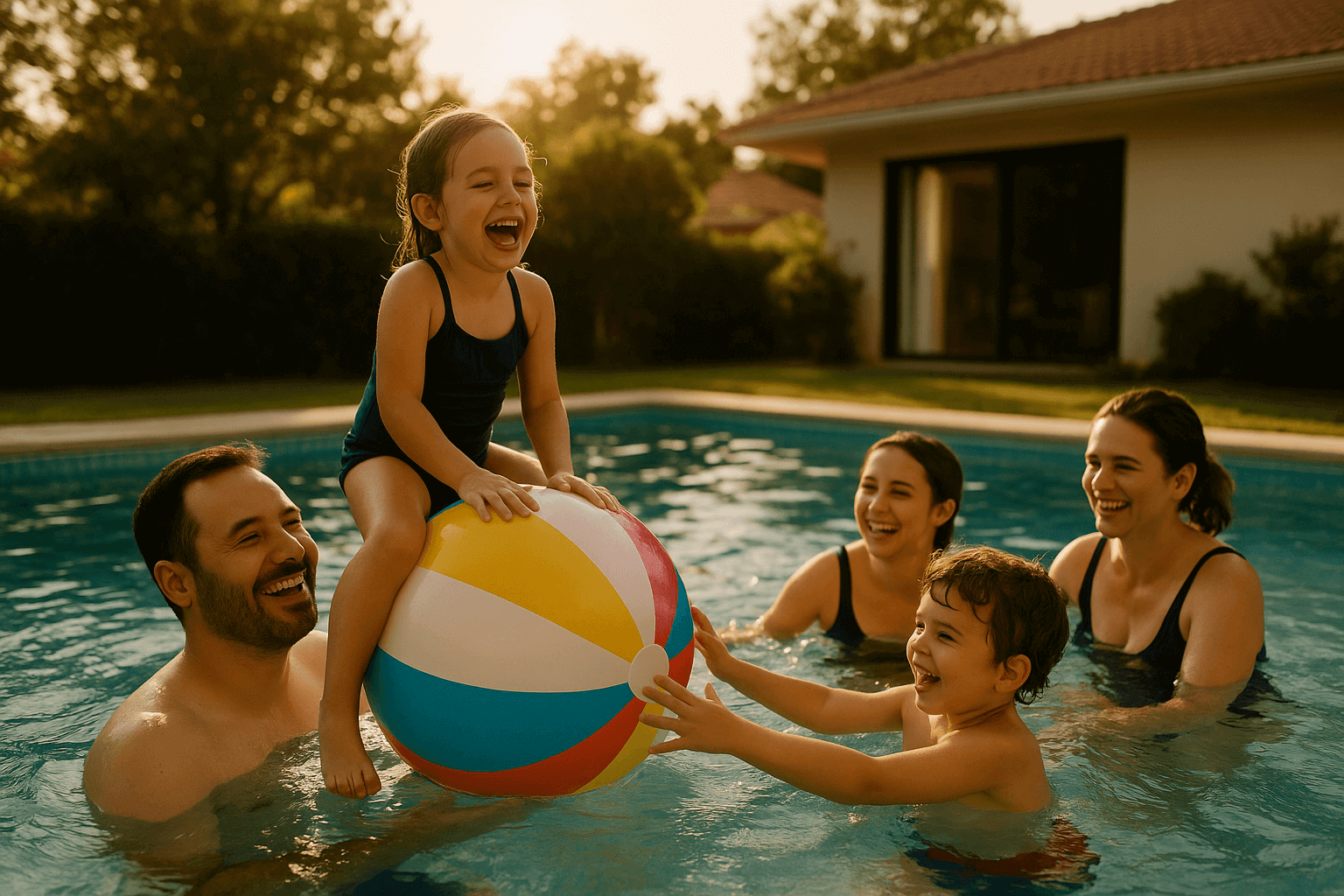 Família feliz aproveitando a piscina